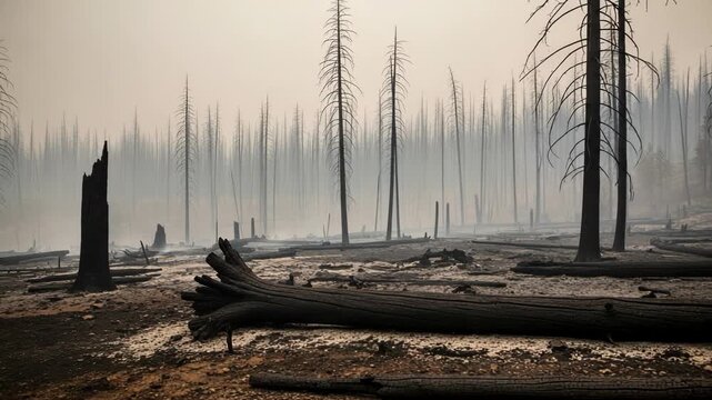 Forest devastated by wildfire, with charred trees and fallen logs
