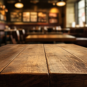 Distressed wooden table in focus, blurred inviting cafe or bar interior with warm lighting and seating in background