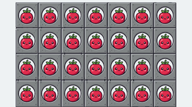 Seamless pattern of cute cartoon tomatoes in grey square frames