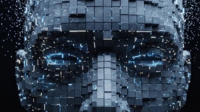 Abstract digital face emerging from particles with glowing eyes against black background