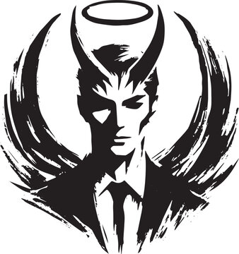 Minimalist depiction of a horned figure with halo and wing-like