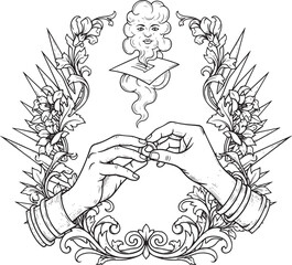 Fototapeta premium Engraved illustration depicting hands exchanging a ring within o