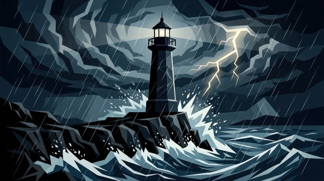 Stormy lighthouse guiding through dark waters with lightning strike
