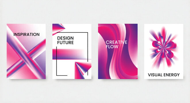 Abstract gradient poster set with 4 vector templates, vibrant purple and pink fluid shapes, modern creative flow cover designs for business branding