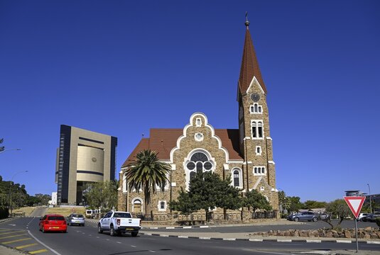 Evangelical Lutheran Christ Church from 1910, in the background the Independence Museum, Windhoek, Khomas region, Namibia