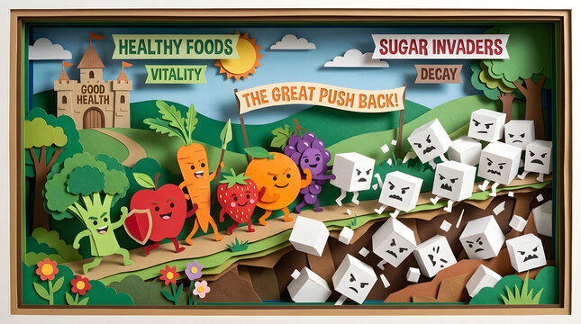 Paper cut-out battle between healthy vegetables and sugar cube characters.