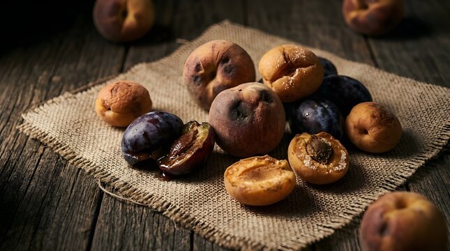 Conceptual view of overripe stone fruits decomposing on burlap texture