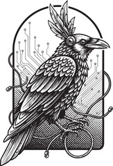 Obraz premium Cyberpunk Raven Illustration: Engraved Bird with Electronic Circ