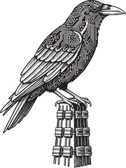 Obraz premium Technological Raven: Engraved Illustration of Circuitry-Detailed