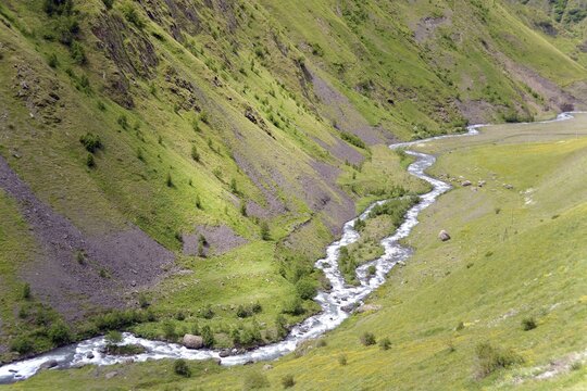 Sno River in Sno Valley, between Sno and Jutta, near Stepantsminda, Kasbegi region, High Caucasus, Georgia