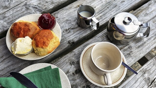 Cornish cream tea in the garden caf&eacute;, speciality, typical afternoon meal, scones, clotted cream, strawberry jam, tea with milk, Cornwall, South England, England, Great Britain