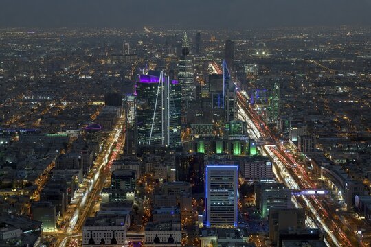 Panoramic view from the Sky Bridge, blue hour, Kingdom Center, Riyadh, Saudi Arabia