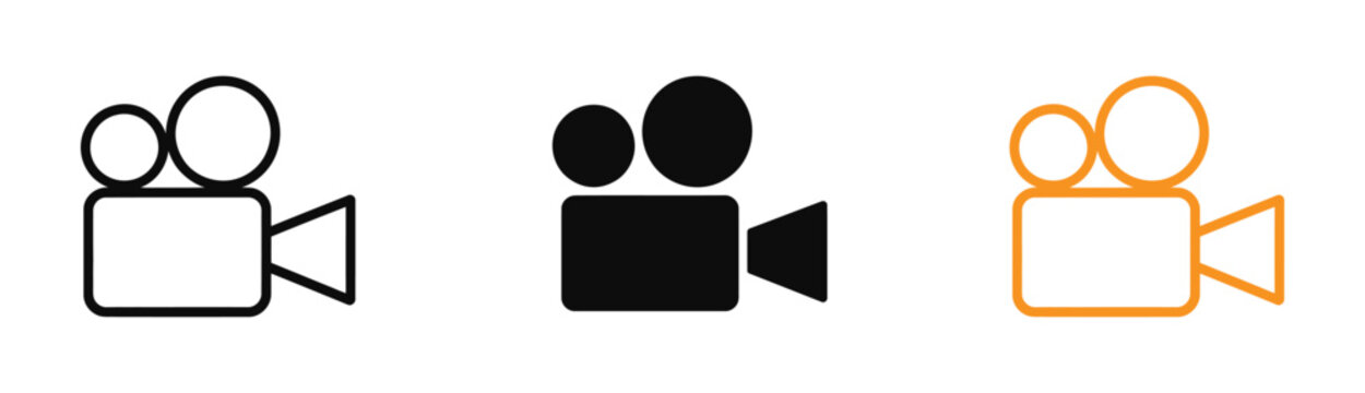 Three different film camera icons in black and orange on white background vector illustration