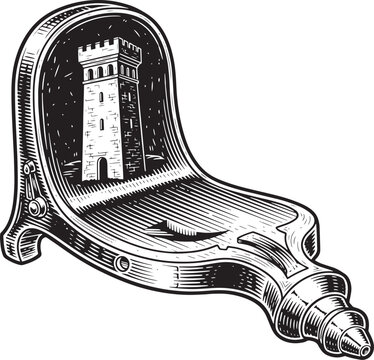 Engraved illustration of a tower inside a complex mechanical ins
