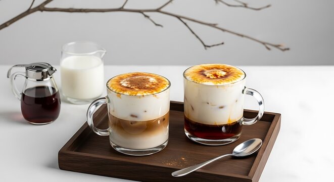 Two Glasses of Iced Coffee with Milk and Syrup on Wooden Tray