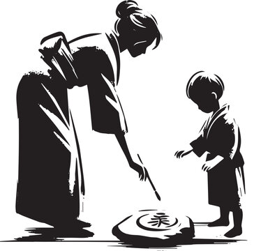 Elegant sumi-e style illustration of a mother teaching her child