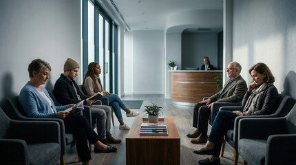 Fototapeta premium People Waiting in Modern Waiting Room, Reading, or Simply Contemplating Their Thoughts