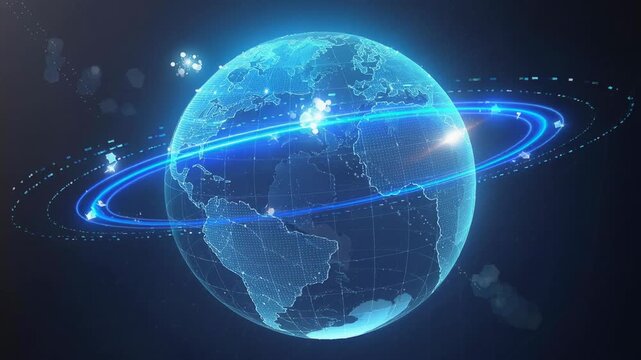 Futuristic digital globe rotating smoothly in space with glowing blue lights and high tech animation