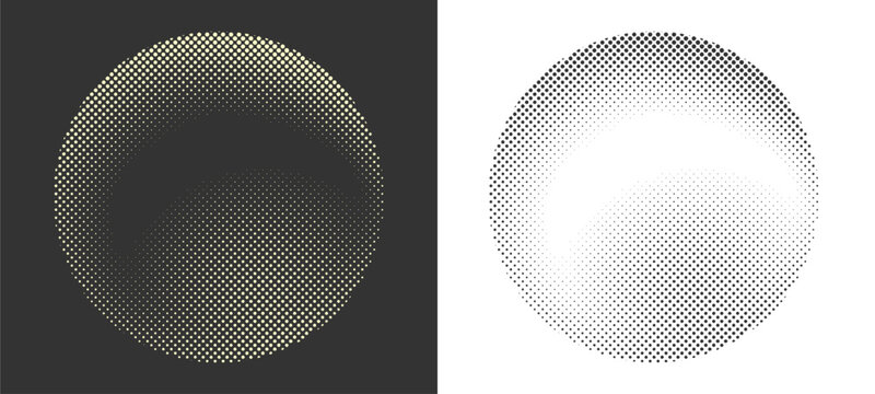 Classic grunge abstract circle halftone overlay texture featuring dark charcoal radial dot gradients. Creative vintage spherical screen printing ball element layout, isolated for modern designs.