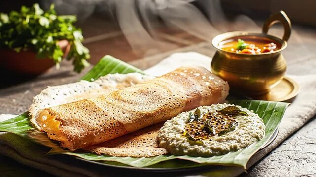 Delicious Indian Dosa Served with Sambar and Chutney, Traditional South Asian Cuisine, Culinary Delight
