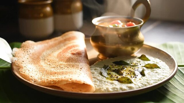 Delicious South Indian breakfast with crispy dosa, coconut chutney, and sambar, served hot in an elegant setting