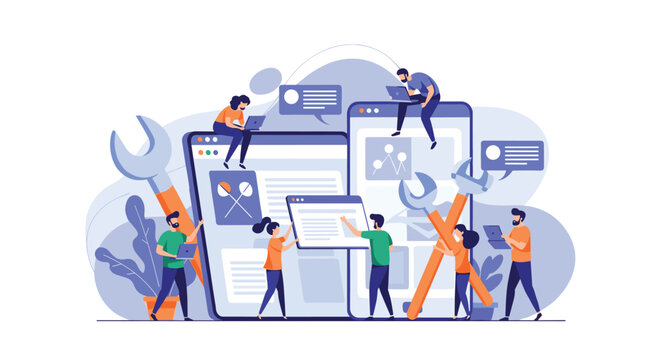 Team of small creative people working together on a large website interface on mobile and desktop screens using various tools.