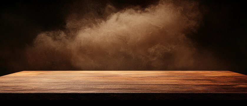 Empty wooden table surface with dynamic brown smoke and fine dust particles against a dark, hazy background