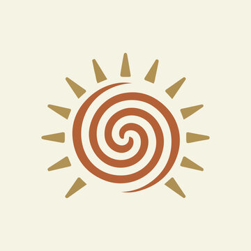 Abstract boho sun icon with spiral center in earthy terracotta and gold, vector graphic