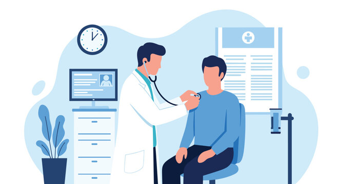 Male doctor in white lab coat using stethoscope to examine male patient in medical office during health checkup appointment.