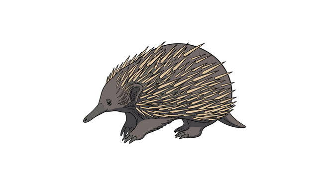 Detailed drawing of an echidna walking with its sharp quills and long snout visible against a clean white background.
