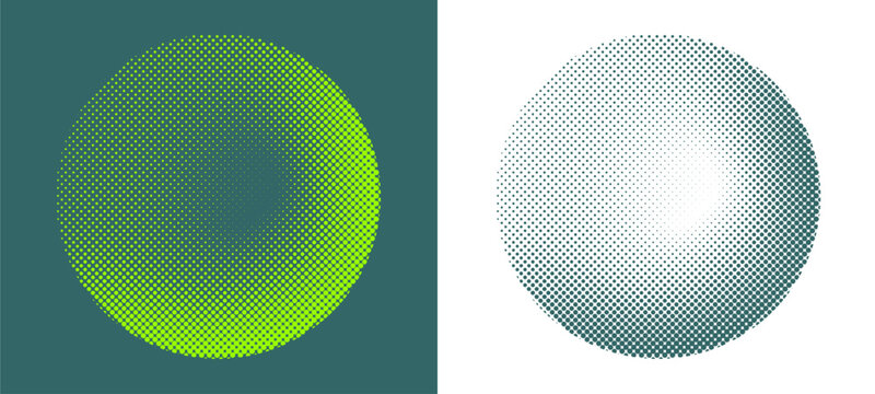 Artistic abstract circle halftone overlay texture featuring vibrant green radial dot gradients. Creative spherical ball screen printing design element, isolated for modern urban assets.