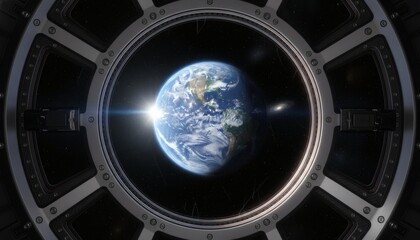 Obraz premium Planet Earth view from spacecraft window celebrating International Space Day concept for global exploration, scientific discovery, and human achievement in deep space