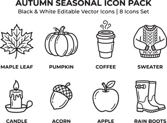 An organized collection of black and white line art vector icons representing various autumn seasonal elements including a maple leaf pumpkin coffee cup sweater candle acorn apple and rain boots © Seema Designs