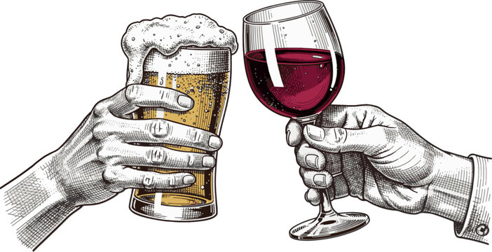Detailed hand-drawn engraving of hands clinking a pint of lager and a glass of red wine in celebration. Isolated on white background.