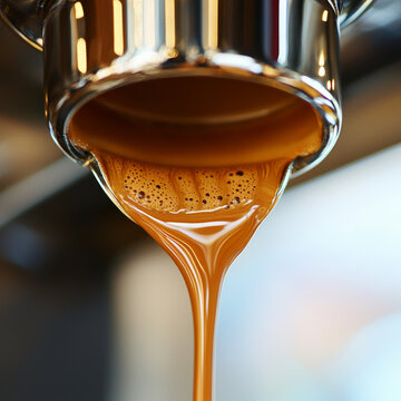 Fresh espresso coffee extracts from a machine spout, showcasing a thick, golden-brown crema and a smooth, dark stream
