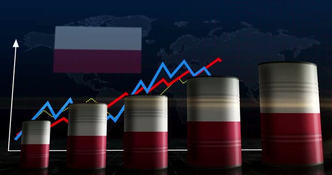 Poland oil business and fuel extraction barrels on growing chart. Polish petrol industrial metal containers with increase statistic diagram.
