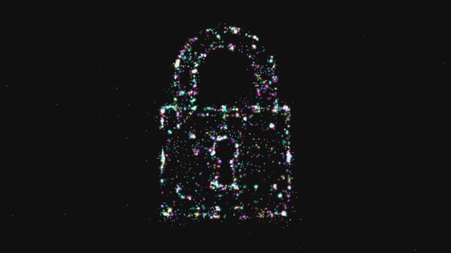 4K abstract digital padlock silhouette formed by glowing colorful particles and disintegrated dust on black background for cybersecurity technology artificial intelligence data protection.