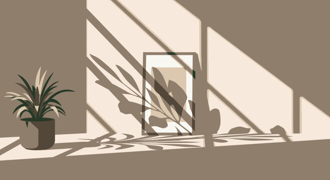 Sunlight casting shadows on a minimalist room with a potted plant and framed art.