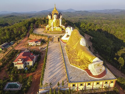 Aerial of the huge sitting and reclining buddhas Ko Yin Lay, Pupawadoy Monastery near Ye, Mon state, Myanmar, Ye, Mon State, Myanmar