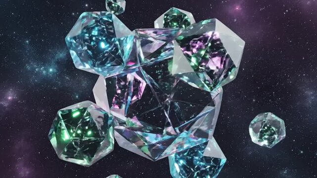 Abstract Floating Gemstones in Space 3D Animation Background, Shimmering Crystal Elements Against Cosmic Backdrop