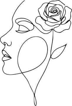 Elegant One Line Art Illustration of a Woman Face with Floral Flourishes