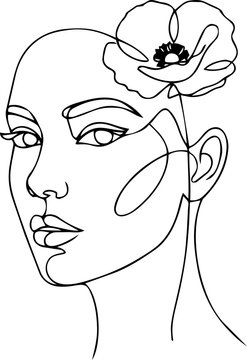 Elegant One Line Art Illustration of a Woman Face with Floral Flourishes