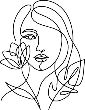 Elegant One Line Art Illustration of a Woman Face with Floral Flourishes