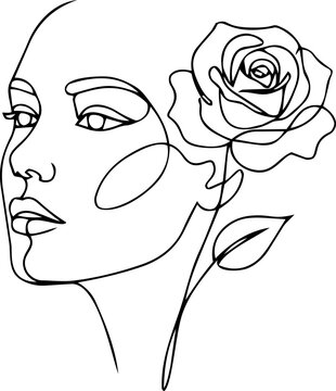 Elegant One Line Art Illustration of a Woman Face with Floral Flourishes
