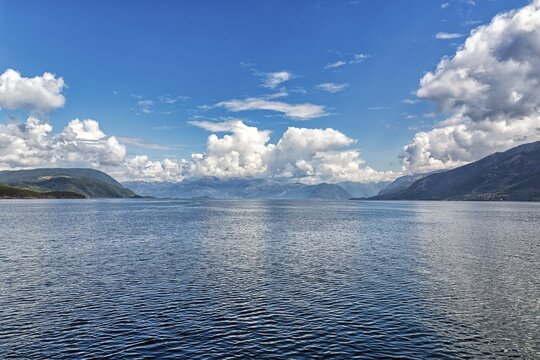 View of a fjord (cumulus) clouds, Rogaland, Norway