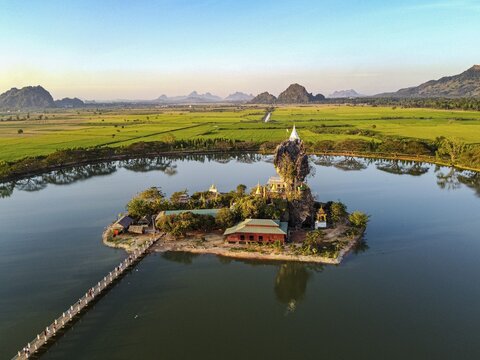 Aerial of the Kyauk Kalap pagoda, Hpa-An, Kayin state, Myanmar, Hpa-an Township, Kayin State, Myanmar