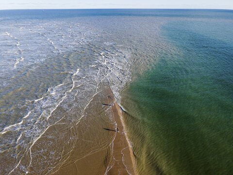 Aerial view, meeting of North Sea and Baltic Sea, Skagerrak and Kattegat, Grenen, Skagens Gren, Skagen, North Jutland, Jutland, Denmark