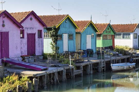 Colourfully painted wooden fishermen's huts, Le Ch&acirc;teau-d'Ol&eacute;ron, Oleron Island, Charente Maritime Department, Nouvelle-Aquitaine, France