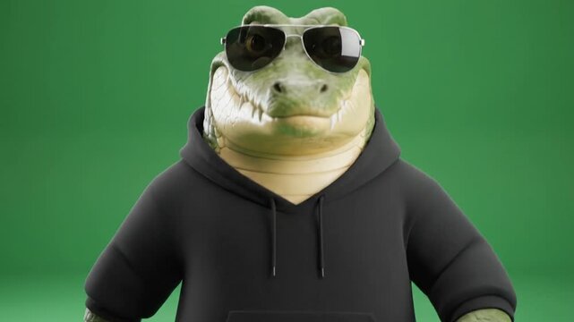Animated frog character wearing sunglasses and hoodie on green background
