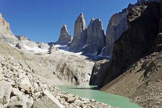 Glacial lake and peaks of the three Torres, Torres del Paine National Park, Patagonia, Chile, South America